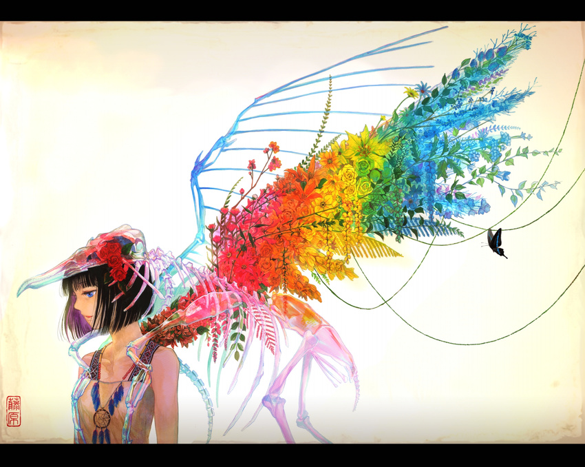 bangs bare_shoulders black_hair blue_eyes blunt_bangs bone bug butterfly flower fuji_choko hair_flower hair_ornament highres insect letterboxed original rainbow_order rose short_hair skull_hair_ornament solo tribal wings