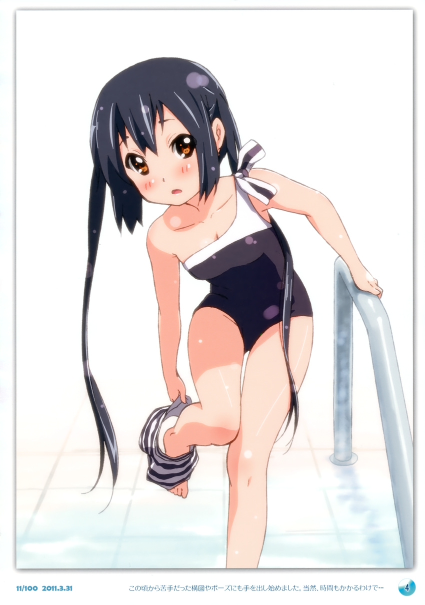 2011 absurdres black_hair brown_eyes errant highres k-on! long_hair nakano_azusa scan solo swimsuit twintails undressing
