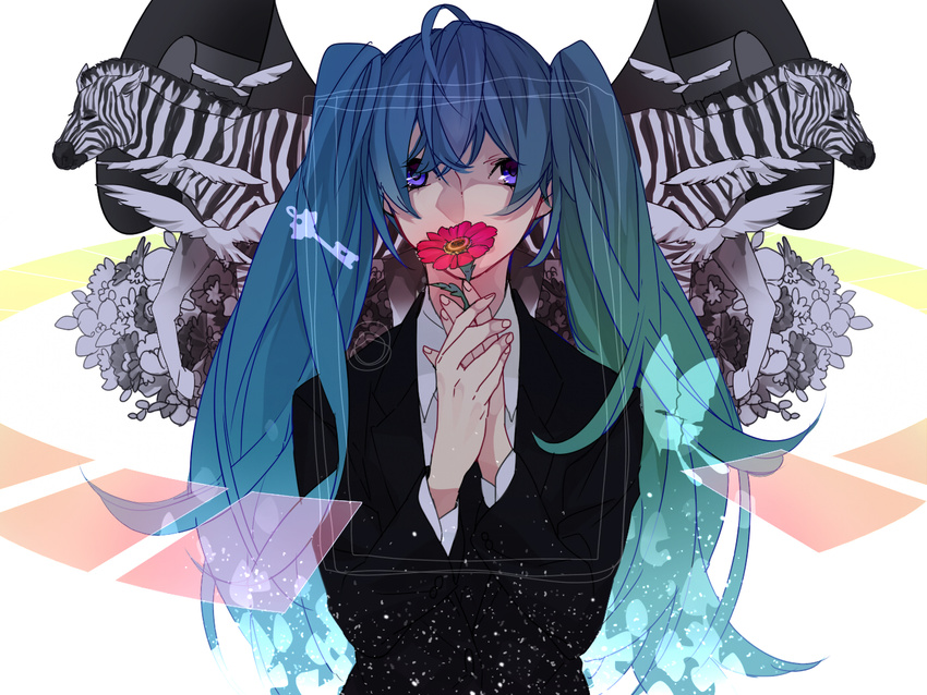 aqua_eyes aqua_hair bad_id bad_pixiv_id flower formal hatsune_miku long_hair necktie saihate_(vocaloid) saikawa_(0902k137) solo suit twintails very_long_hair vocaloid zebra