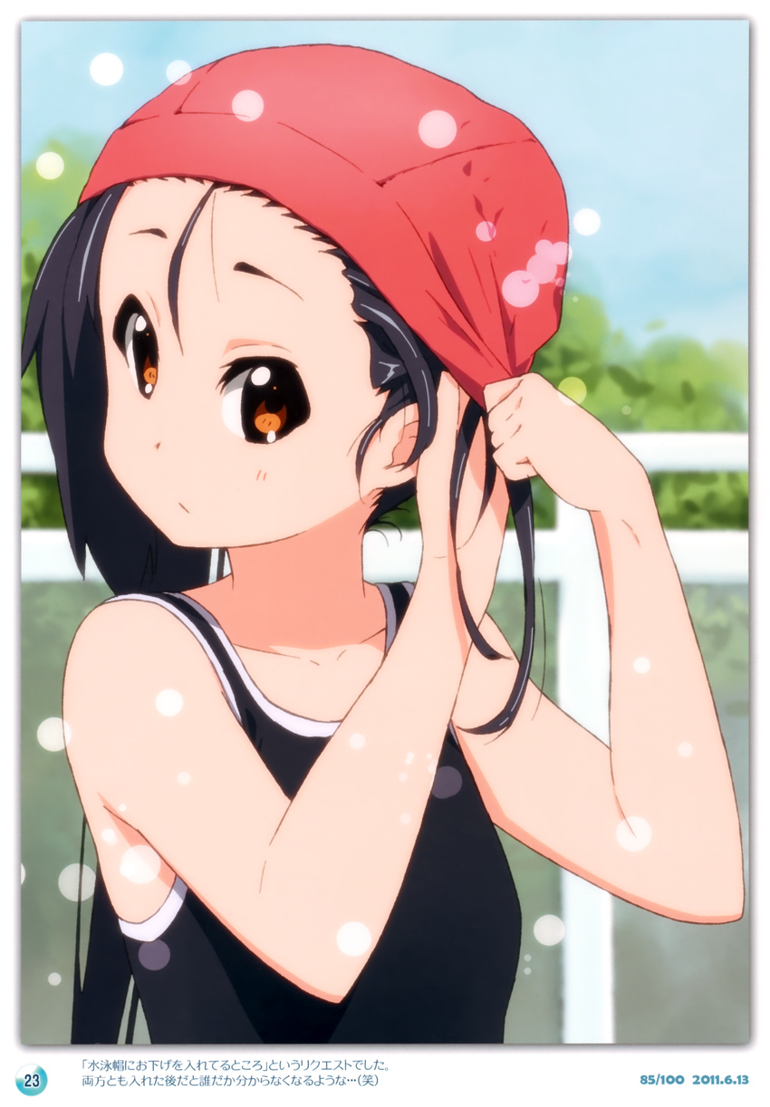2011 absurdres adjusting_hair alternate_hairstyle black_hair brown_eyes dated day errant highres k-on! long_hair nakano_azusa scan solo swim_cap swimsuit twintails upper_body