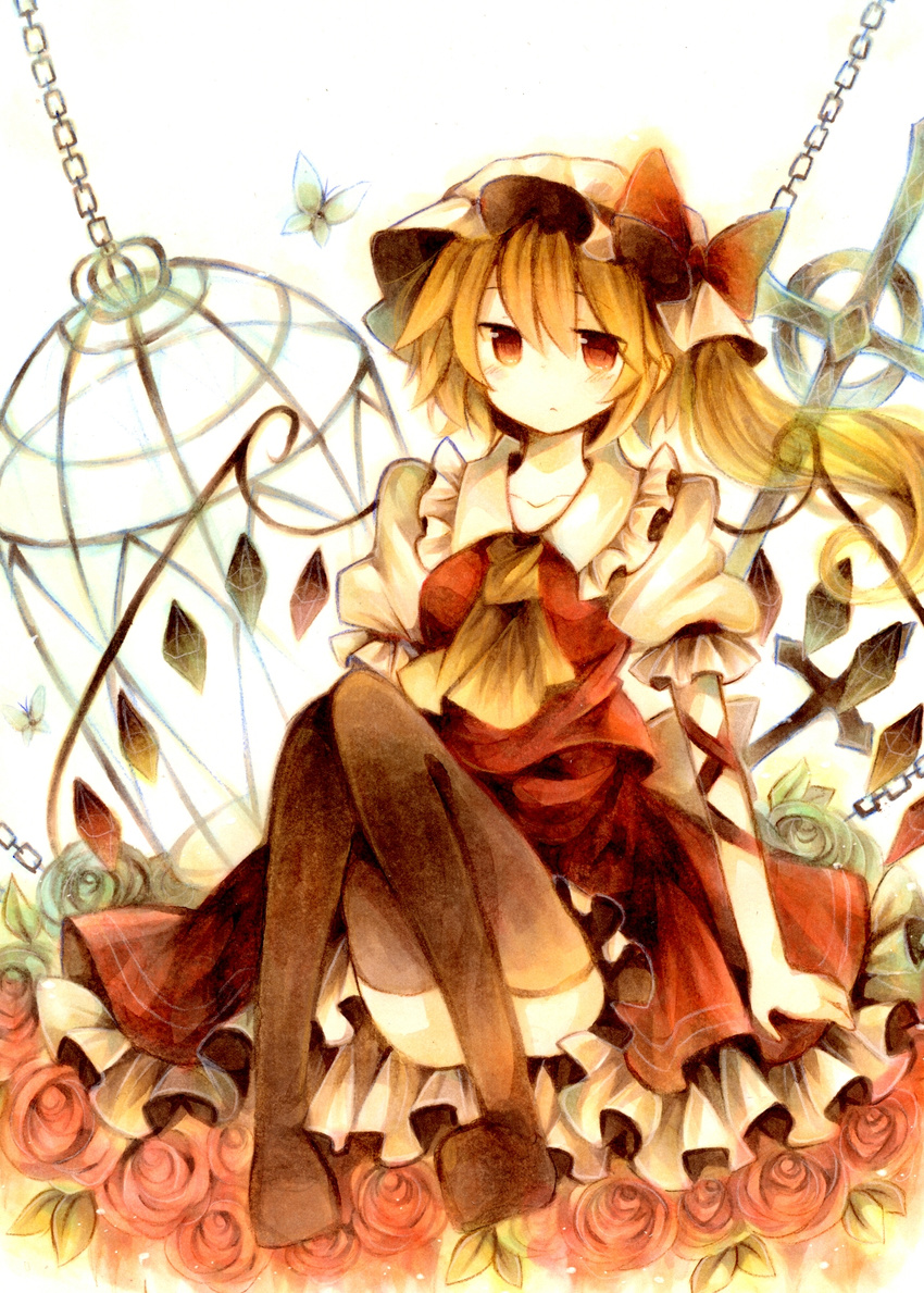 ascot bad_id bad_pixiv_id black_legwear blonde_hair flandre_scarlet flower hat highres red_eyes rose side_ponytail solo thighhighs touhou wings wiriam07