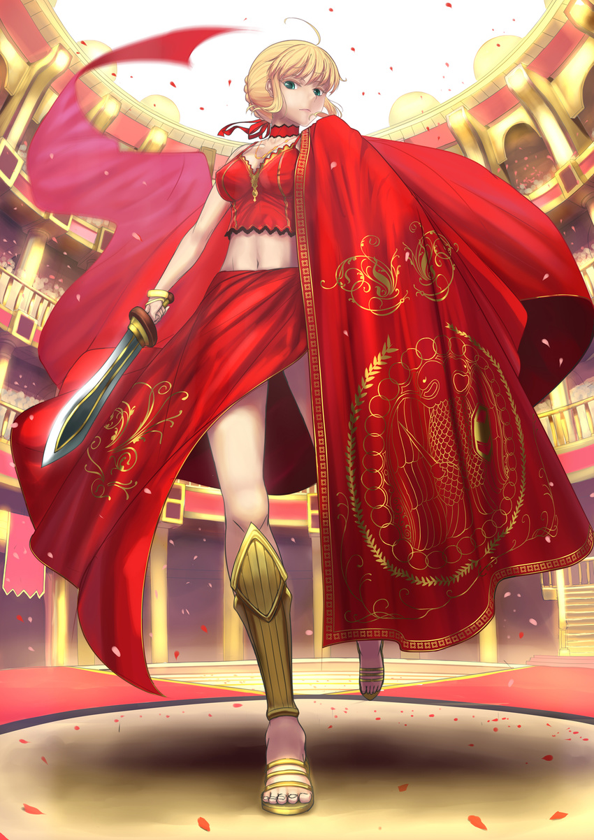 aestus_domus_aurea ahoge armor bad_id bad_pixiv_id blonde_hair blush bracelet cape fate/extra fate_(series) greaves green_eyes highres jewelry midriff navel nero_claudius_(fate) nero_claudius_(fate)_(all) petals sandals shadow solo standing sword tsukikanade weapon