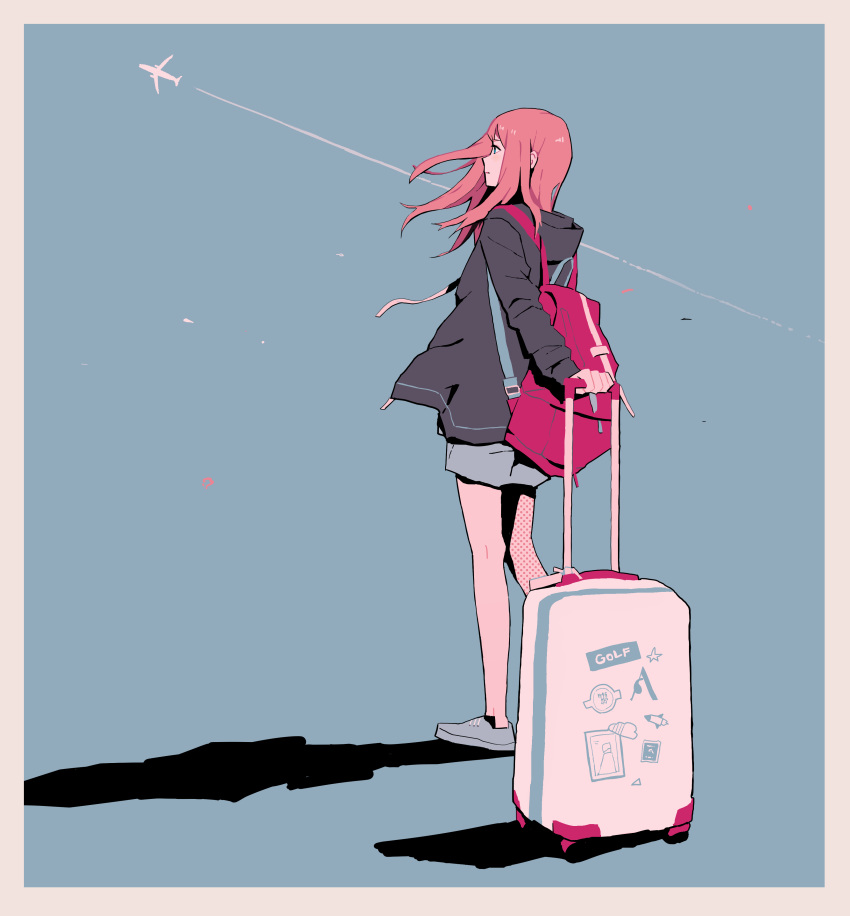 1girl absurdres aircraft airplane aqua_background backpack bag blue_footwear border drawstring expressionless grey_border halftone highres holding hood hood_down limited_palette long_sleeves nihohe orange_hair original profile shadow solo standing suitcase wide_shot