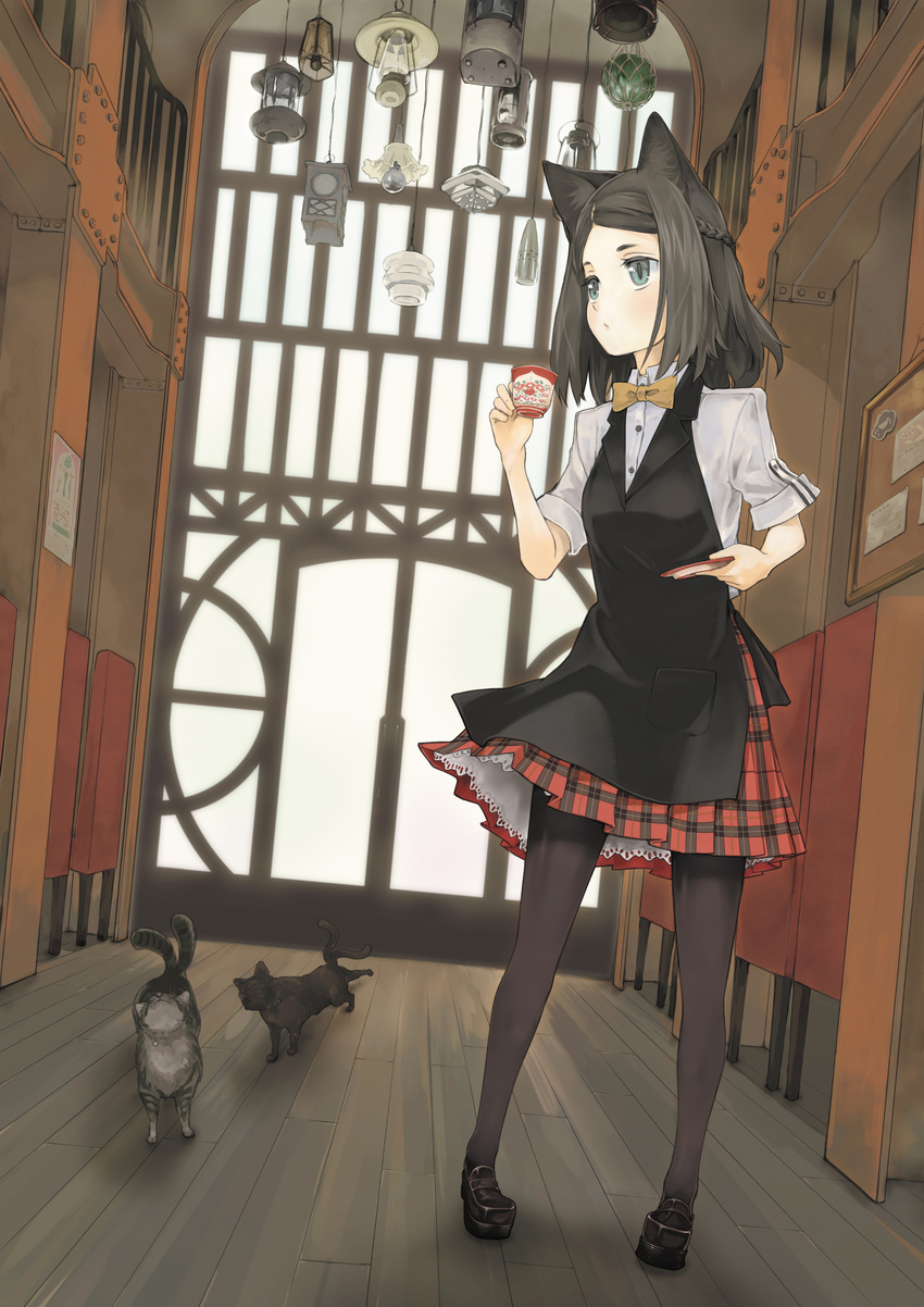 absurdres animal animal_ears black_hair bow bowtie cat cat_ears cup green_eyes highres mary_janes original pantyhose pixiv_festa plaid saucer shoes solo teacup yunar