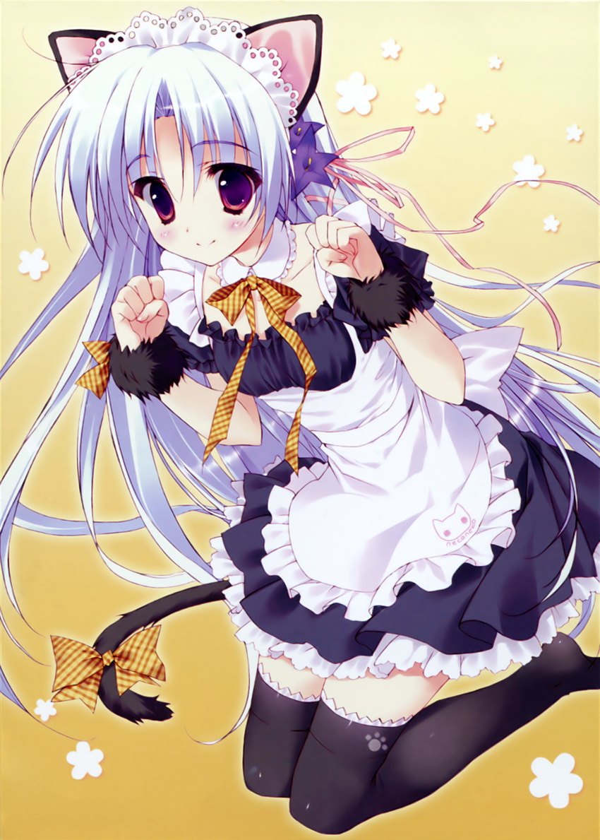 absurdres animal_ears black_legwear blue_hair blush cat_ears cat_tail hair_ornament hana_x_hana highres long_hair maid paw_pose purple_eyes ribbon ryouka_(suzuya) shinonome_hana solo tail thighhighs very_long_hair zettai_ryouiki