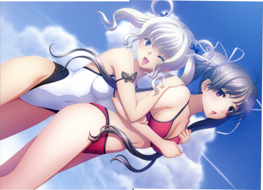 ;d absurdres bikini black_hair blue_eyes competition_swimsuit copyright_request dutch_angle highres long_hair multiple_girls one-piece_swimsuit one_eye_closed open_mouth purple_eyes smile swimsuit tadano_akira twintails white_hair