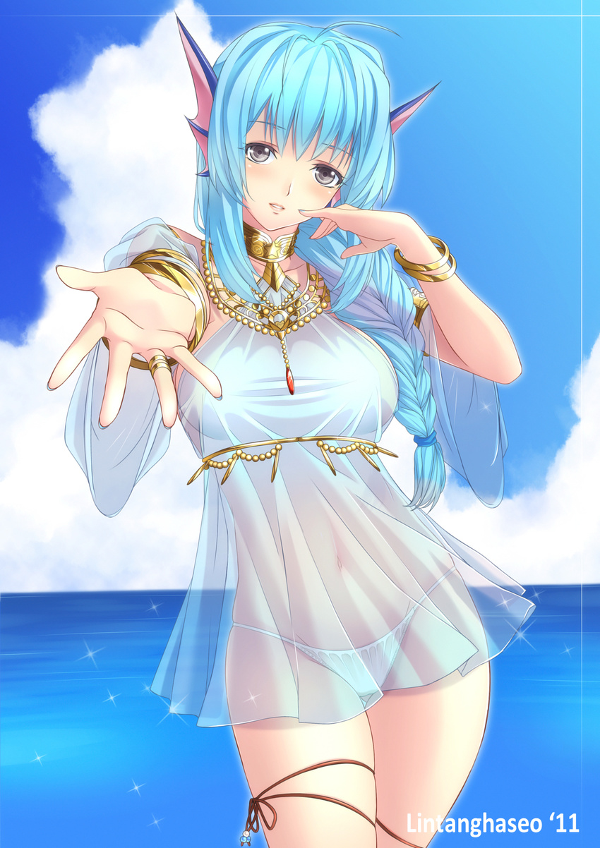 blue_hair blush bracelet braid contrapposto emil_chronicle_online hair_over_shoulder head_fins highres jewelry lintanghaseo looking_at_viewer necklace ocean outstretched_hand panties parted_lips ribbon rorona see-through shirt standing taut_clothes taut_shirt thigh_ribbon underwear