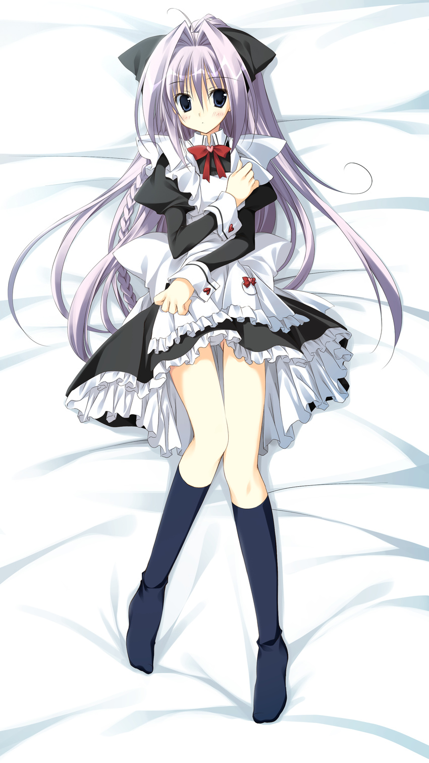 absurdres apron black_eyes black_legwear bow braid dakimakura frills full_body hair_ribbon heart highres ikinari_anata_ni_koishiteiru kneehighs korie_riko long_hair maid panties pantyshot ribbon silver_hair socks solo underwear yourou_tsumugu