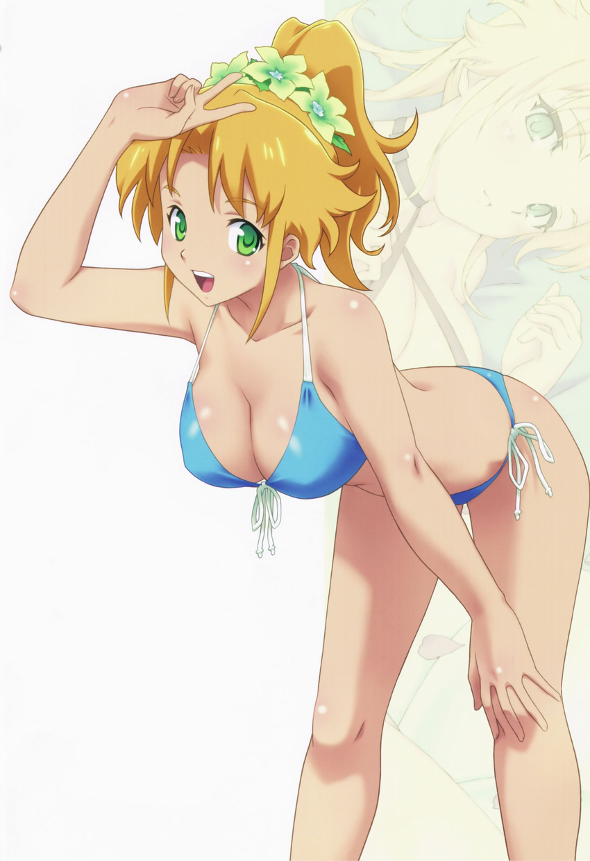 absurdres arm_up artist_request bent_over bikini blonde_hair blue_bikini blush body_blush breasts cleavage front-tie_top green_eyes highres large_breasts minisuka_police_2 open_mouth ponytail side-tie_bikini strap_gap swimsuit v zoom_layer