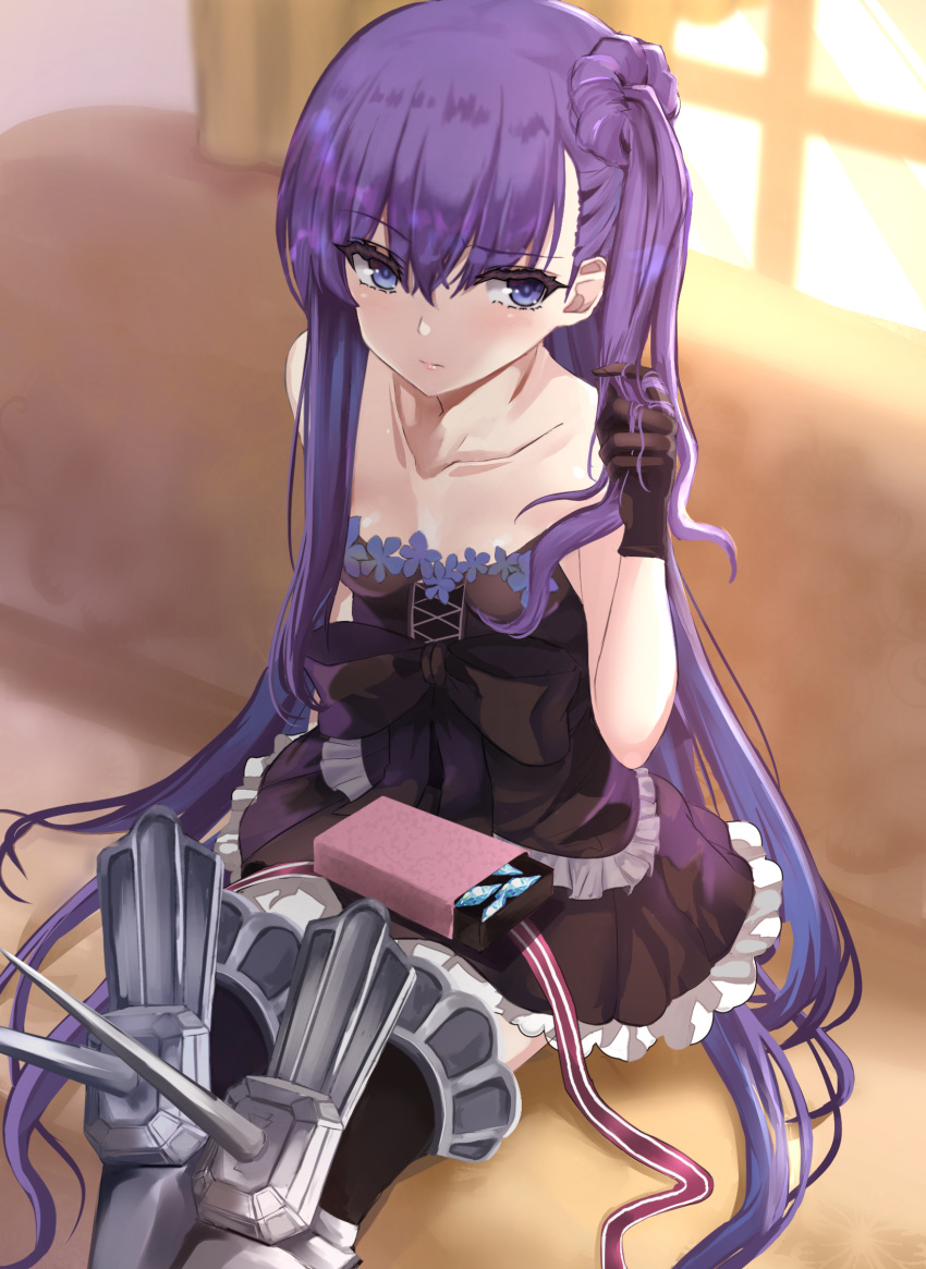 1girl alternate_costume alternate_hairstyle bare_shoulders black_gloves blue_eyes bow box collarbone eyebrows_visible_through_hair fate/grand_order fate_(series) frills gift gift_box gloves highres kesoshirou long_hair meltlilith playing_with_own_hair prosthesis prosthetic_leg purple_hair scrunchie side_ponytail sitting solo spikes very_long_hair