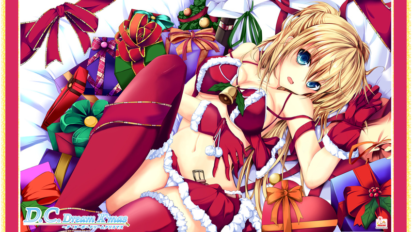 bell belt blonde_hair blue_eyes breasts cameltoe circus_(studio) cleavage copyright_name da_capo da_capo_ii dated erika_murasaki gift gloves haruka_natsuki heart highres looking_at_viewer lying medium_breasts navel on_back panties red_gloves solo striped striped_legwear thighhighs translation_request underwear white_panties