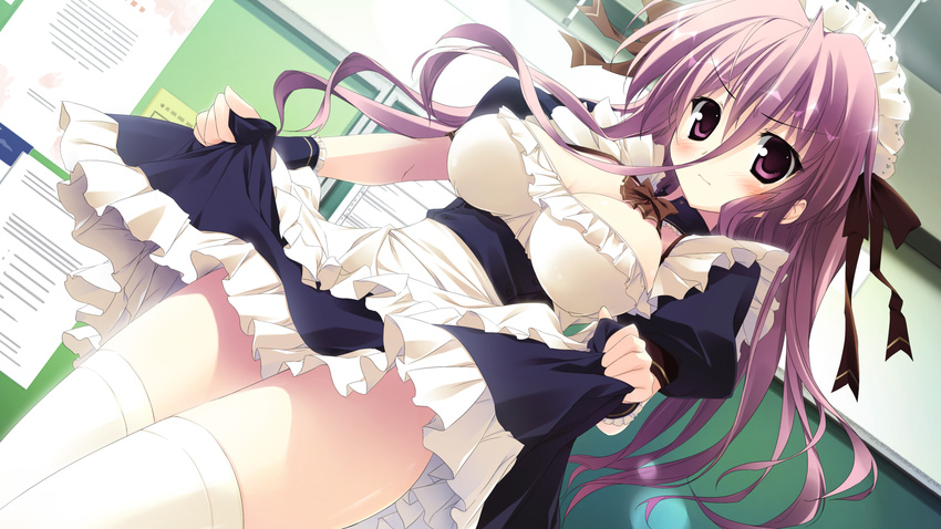 blush bow breasts cleavage frills game_cg headdress highres ikinari_anata_ni_koishiteiru karory maid medium_breasts onigase_tane purple_eyes purple_hair ribbon skirt skirt_lift solo thighhighs white_legwear wrist_cuffs