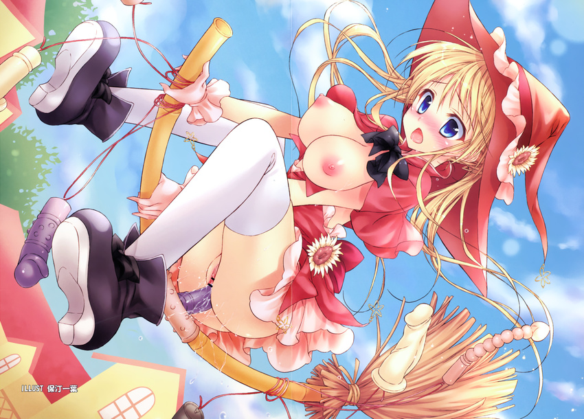 anal_beads ass bangs black_bow black_shoes blonde_hair blue_eyes blue_sky blush boots bow breasts breasts_out breasts_outside broom broom_riding building capelet censored cloud cloudy_sky color_gap crease dildo dress dutch_angle female flying functionally_nude gloves hat highres hotei_kazuha large_breasts long_hair masturbation nipples no_bra no_panties object_insertion open_mouth outdoors pink_gloves pointless_censoring pussy pussy_juice shoes sky solo thighhighs upskirt vaginal vaginal_insertion vaginal_object_insertion vibrator white_legwear window witch witch_hat