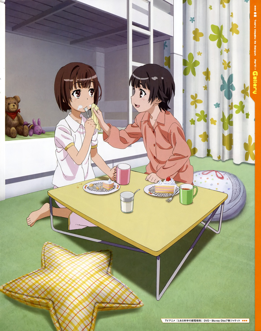 absurdres barefoot bed black_hair brown_eyes brown_hair bunk_bed cake collarbone cream cream_on_face cup curtains eating food food_on_face fruit haruue_erii highres mug multiple_girls official_art on_floor pajamas scan shirt short_hair sitting sitting_on_pillow smile spoon spoon_in_mouth star_pillow strawberry stuffed_animal stuffed_toy tanaka_yuuichi teddy_bear text_focus to_aru_kagaku_no_railgun to_aru_majutsu_no_index uiharu_kazari wariza wiping_face