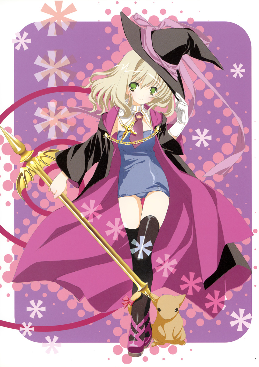absurdres animal black_legwear blonde_hair cape copyright_request green_eyes halloween hat highres long_hair magical_girl miyashita_miki ribbon scepter school_swimsuit solo swimsuit thighhighs witch_hat