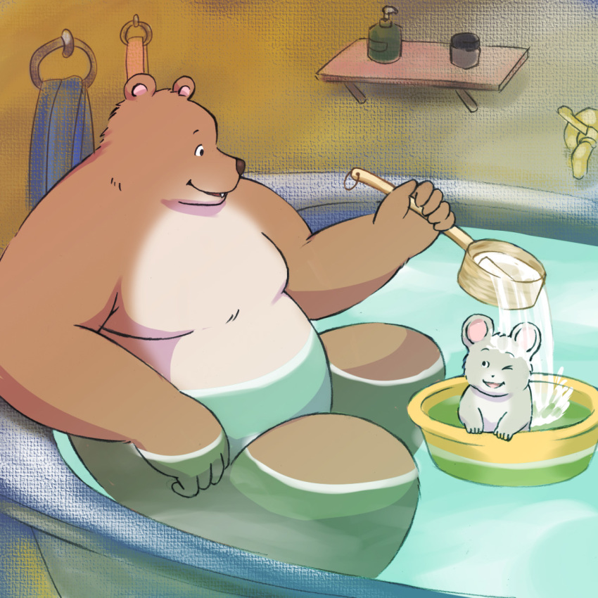 2014 anthro bathing belly c&eacute;lestine duo ernest ernest_and_c&eacute;lestine female humanoid_hands lako male mammal moobs mouse one_eye_closed overweight overweight_male rodent sitting ursid water wink