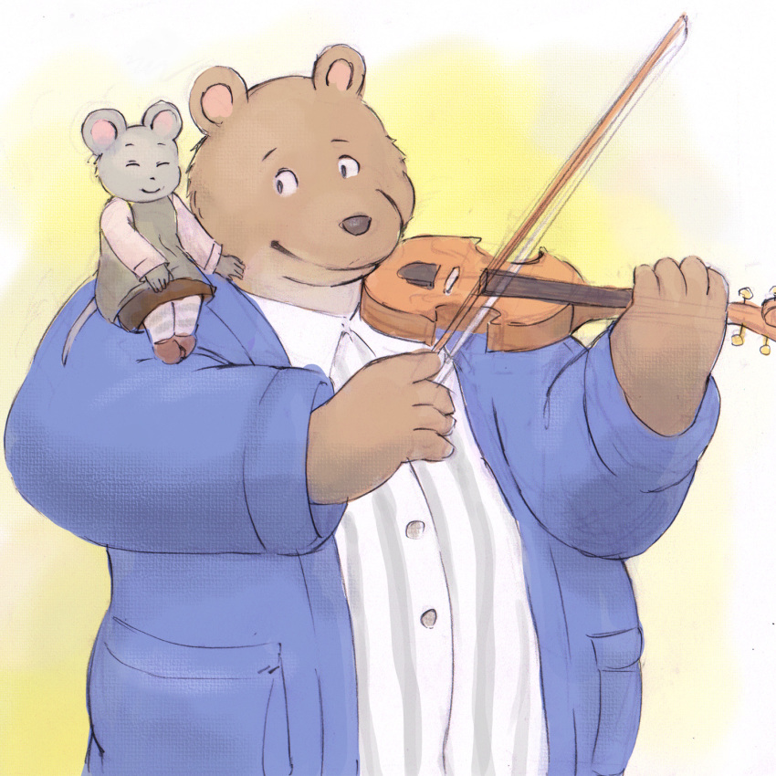 2014 anthro belly brown_fur c&eacute;lestine clothing duo ernest ernest_and_c&eacute;lestine eyes_closed female fur lako male mammal mouse musical_instrument overweight overweight_male rodent shirt simple_background sitting ursid