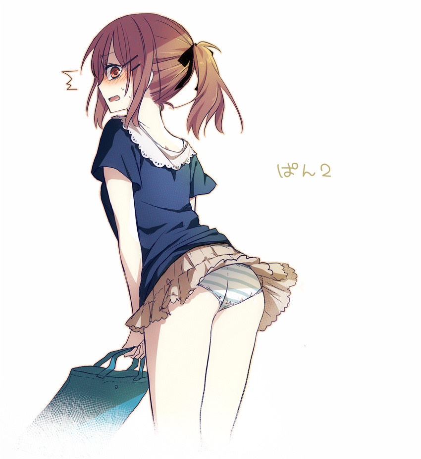 ass black_ribbon brown_eyes brown_hair brown_skirt from_behind hair_ornament hair_ribbon highres kuu_(0427) looking_at_viewer original panties ponytail ribbon short_hair simple_background sketch skirt solo striped striped_panties underwear white_background