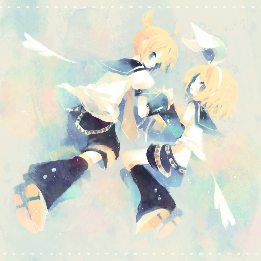 1girl ahoge angel_wings arm_warmers bad_id bad_pixiv_id blonde_hair blue_eyes blush brother_and_sister hairband highres holding_hands kagamine_len kagamine_rin kashiwaba_hisano leg_warmers looking_back mini_wings ponytail short_hair short_ponytail shorts siblings twins vocaloid wings