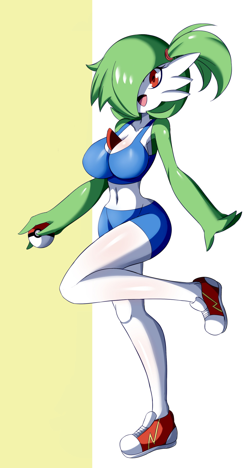 1girl absurdres bangs bare_shoulders bike_shorts breasts cleavage clothed_pokemon collarbone cosplay creatures_(company) female full_body game_freak gardevoir gen_3_pokemon green_hair green_skin hair_over_one_eye hair_tie happy highres holding holding_poke_ball kasumi_(pokemon) kasumi_(pokemon)_(cosplay) large_breasts leg_up looking_at_viewer midriff navel nintendo no_humans open_mouth poke_ball poke_ball_(generic) pokemon pokemon_(anime) pokemon_(classic_anime) pokemon_(creature) red_eyes red_footwear shiny shiny_hair shiny_skin shoes short_hair side_ponytail simple_background smile solo sports_bra standing standing_on_one_leg tied_hair two-tone_background two-tone_skin white_skin zanatemx