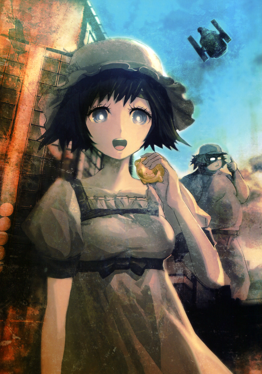 1girl :d absurdres black_hair blue_eyes dress glasses grey_dress hashida_itaru hat highres holding huge_filesize huke looking_at_viewer open_mouth outdoors pants shiina_mayuri shirt short_hair short_sleeves smile standing steins;gate sundress t-shirt visor_cap