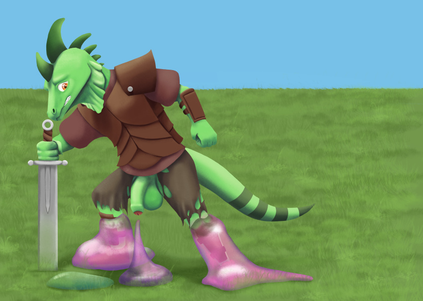 2019 anthro armor balls clench_teeth clothed clothing digital_drawing_(artwork) digital_media_(artwork) iguana imminent_rape leather leather_armor lizard male melee_weapon outside paralyzed penis qwaxi~lixard reptile scalie slime solo_focus story story_in_description sword torn_bottomwear torn_clothing weapon