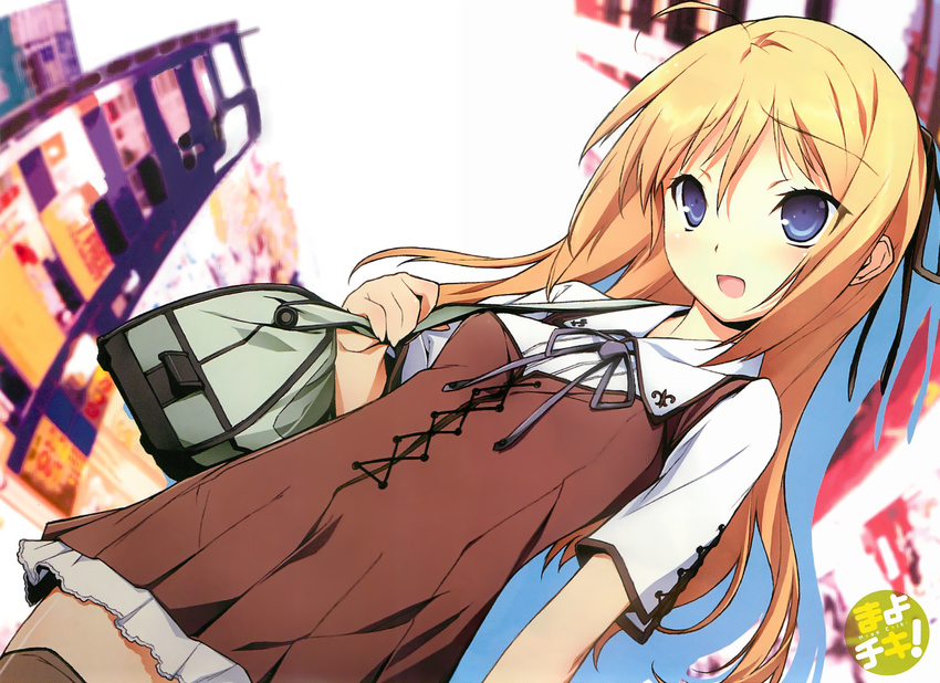 ahoge alternate_hairstyle bag blonde_hair blue_eyes casual copyright_name dutch_angle hair_down highres kikuchi_seiji konoe_subaru long_hair mayo_chiki! open_mouth smile solo