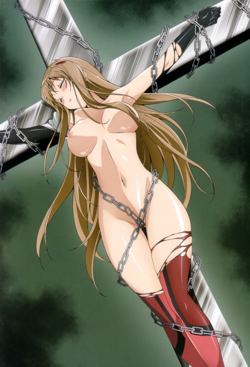 absurdres bdsm black_gloves black_legwear blush breasts chain closed_eyes crucifixion elbow_gloves gloves hair_over_one_breast highres hiiragi_akao jinki large_breasts long_hair navel nipples nude parted_lips red_legwear solo torn_clothes torn_gloves tsunashima_shirou very_long_hair
