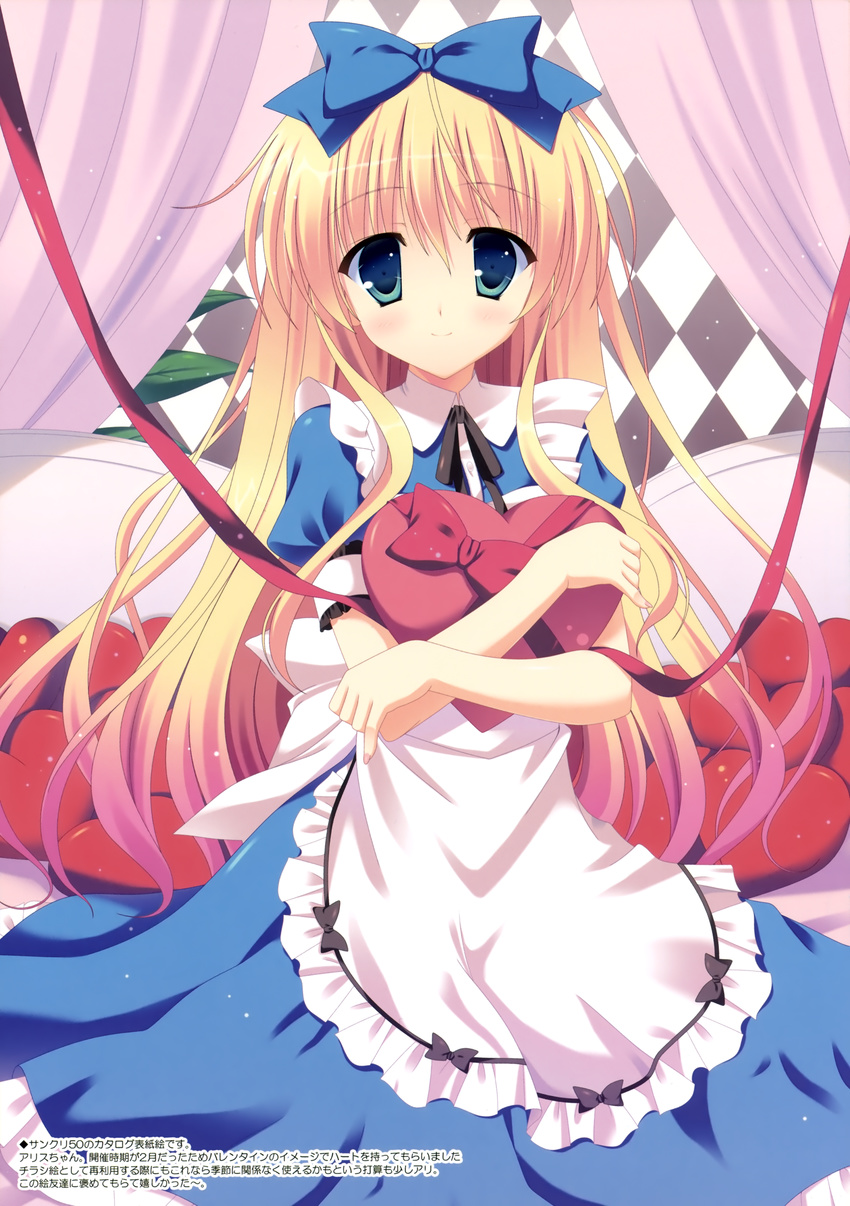 absurdres alice_(wonderland) alice_in_wonderland argyle argyle_background blonde_hair blue_eyes bow dress hair_bow heart highres long_hair naruse_mamoru pillow