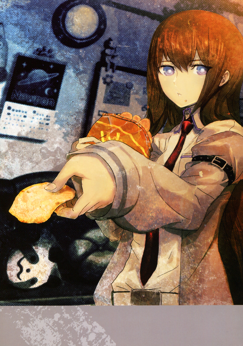 absurdres blue_eyes brown_hair brown_jacket eating highres holding huge_filesize huke indoors jacket long_hair looking_at_viewer makise_kurisu necktie official_art open_clothes open_jacket red_neckwear shirt solo steins;gate upper_body white_shirt