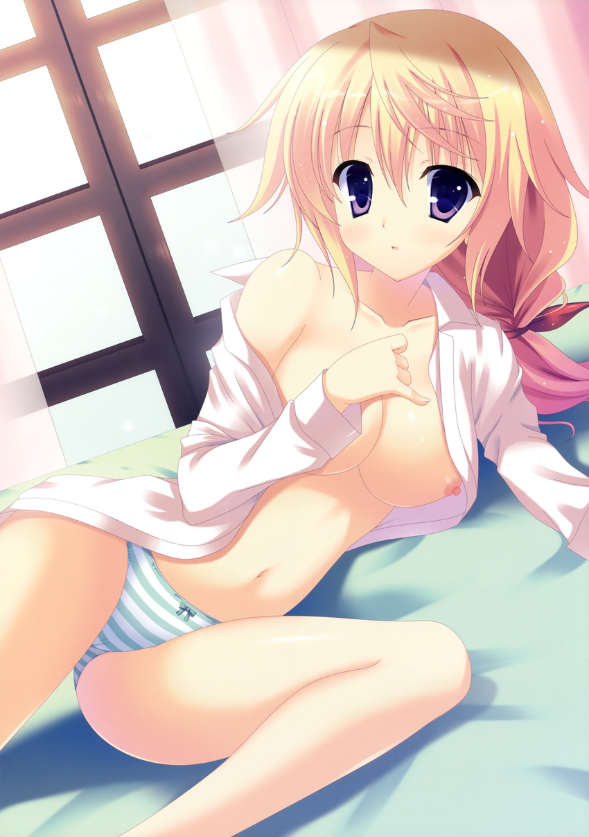 absurdres breasts charlotte_dunois highres infinite_stratos long_legs medium_breasts naruse_mamoru no_bra open_clothes open_shirt panties shirt solo striped striped_panties underwear
