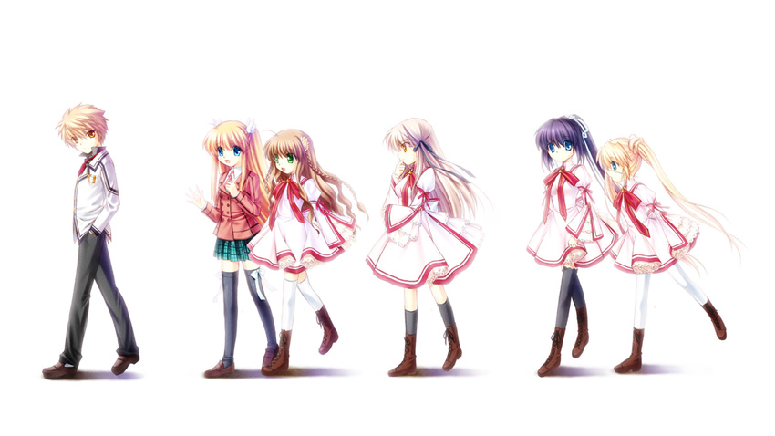 5girls ahoge black_legwear black_ribbon blonde_hair blue_eyes boots braid brown_eyes brown_footwear brown_hair brown_jacket dress eyepatch from_side green_eyes green_skirt hair_ribbon hands_in_pockets high_ponytail highres hinoue_itaru jacket kanbe_kotori kazamatsuri_institute_high_school_uniform kneehighs konohana_lucia long_hair multiple_girls nakatsu_shizuru necktie ootori_chihaya pink_dress pleated_skirt purple_hair red_neckwear red_ribbon rewrite ribbon school_uniform senri_akane short_hair silver_hair simple_background skirt spiked_hair tennouji_kotarou thighhighs twintails white_background white_legwear white_ribbon zettai_ryouiki