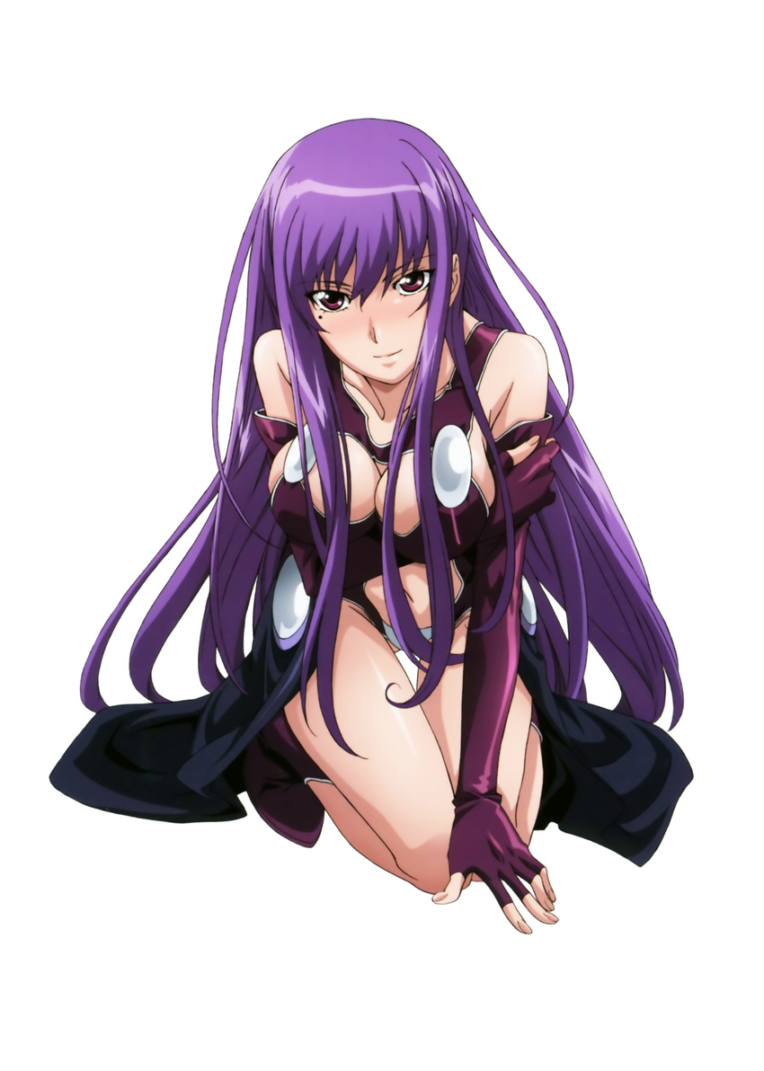 absurdres blush breasts cleavage elbow_gloves etou_fujiko fingerless_gloves gloves highres ichiban_ushiro_no_daimaou kneeling large_breasts leotard long_hair mole purple_eyes purple_hair solo very_long_hair