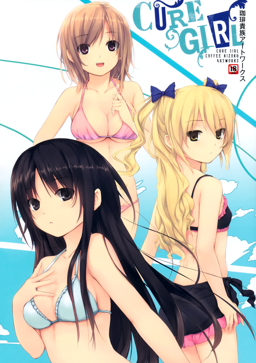 :d absurdres bangs bare_shoulders bikini black_eyes black_hair blonde_hair blue_bikini bow breasts brown_hair cleavage coffee-kizoku cure_girl eyebrows_visible_through_hair hair_bow halterneck hand_on_own_chest highres hoshimiya_miyu kunimura_kotone large_breasts long_hair looking_at_viewer looking_back multiple_girls nanjou_rena open_mouth pink_bikini purple_eyes short_hair smile swimsuit two_side_up yellow_eyes