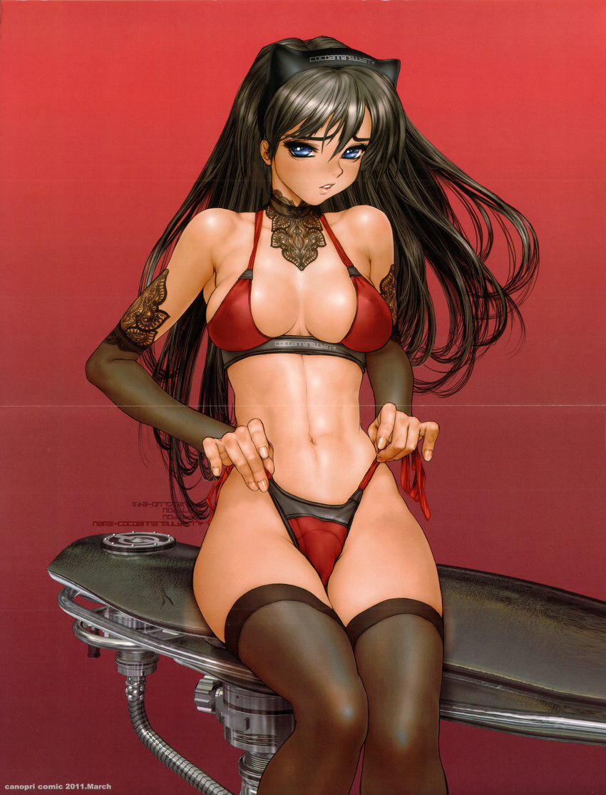 abs absurdres bikini black_hair blue_eyes canopri_comic cocoanna_mulberry cyril_brooklyn greaseberries highres lips long_hair looking_at_viewer navel parted_lips shirou_masamune side-tie_bikini solo swimsuit thighhighs