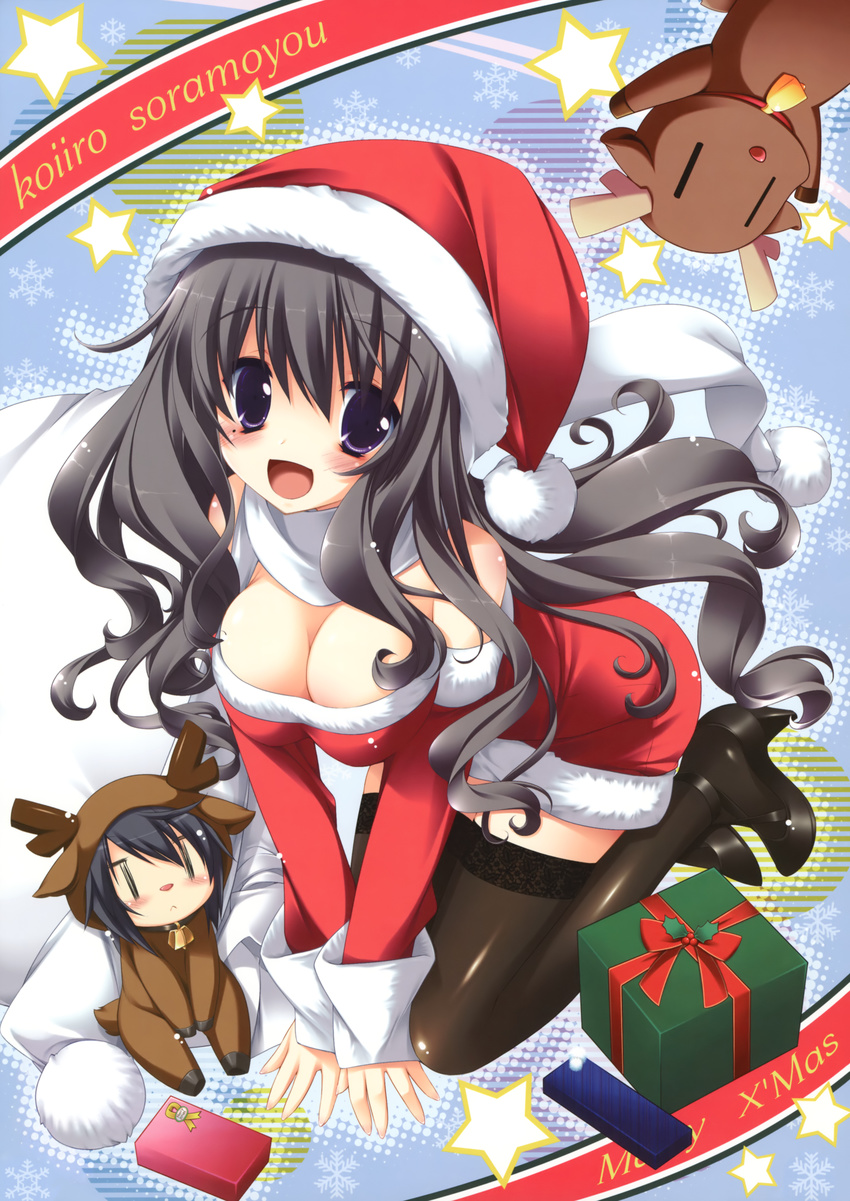 :d absurdres all_fours animal_costume bag black_hair black_legwear blue_eyes breasts chibi christmas cleavage gift gotou_nao hat high_heels highres itou_mikoto koiiro_soramoyou large_breasts long_hair long_sleeves mole open_mouth reindeer_costume santa_costume santa_hat shoes smile star tareme thighhighs utsumi_shizuna v_arms zettai_ryouiki