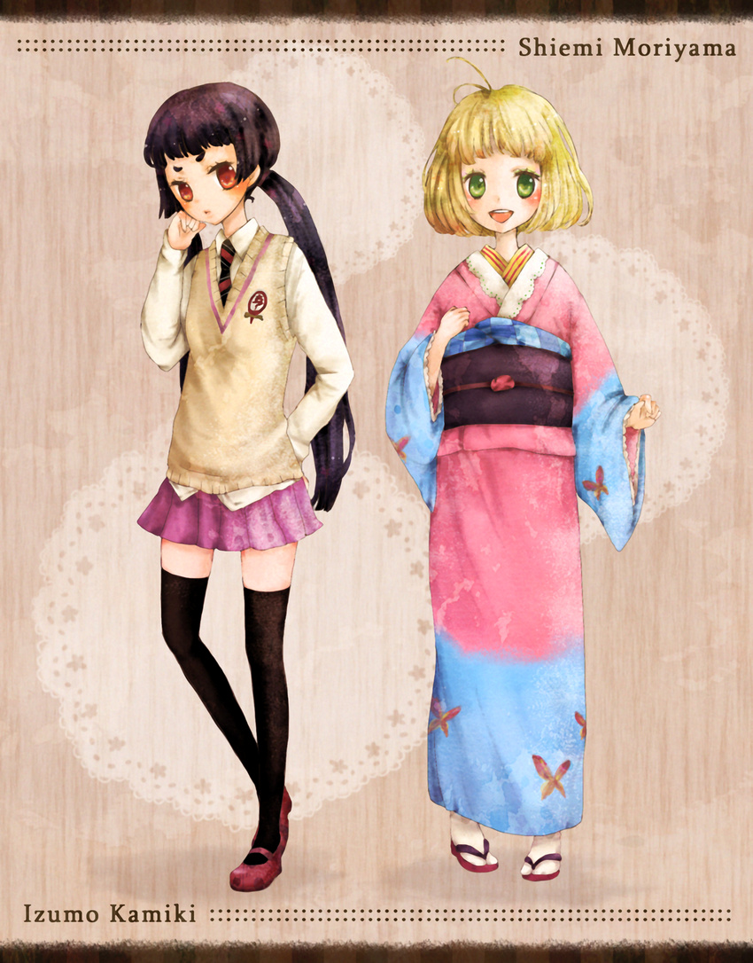 ao_no_exorcist kamiki_izumo kimono moriyama_shiemi mxnxm seifuku thighhighs