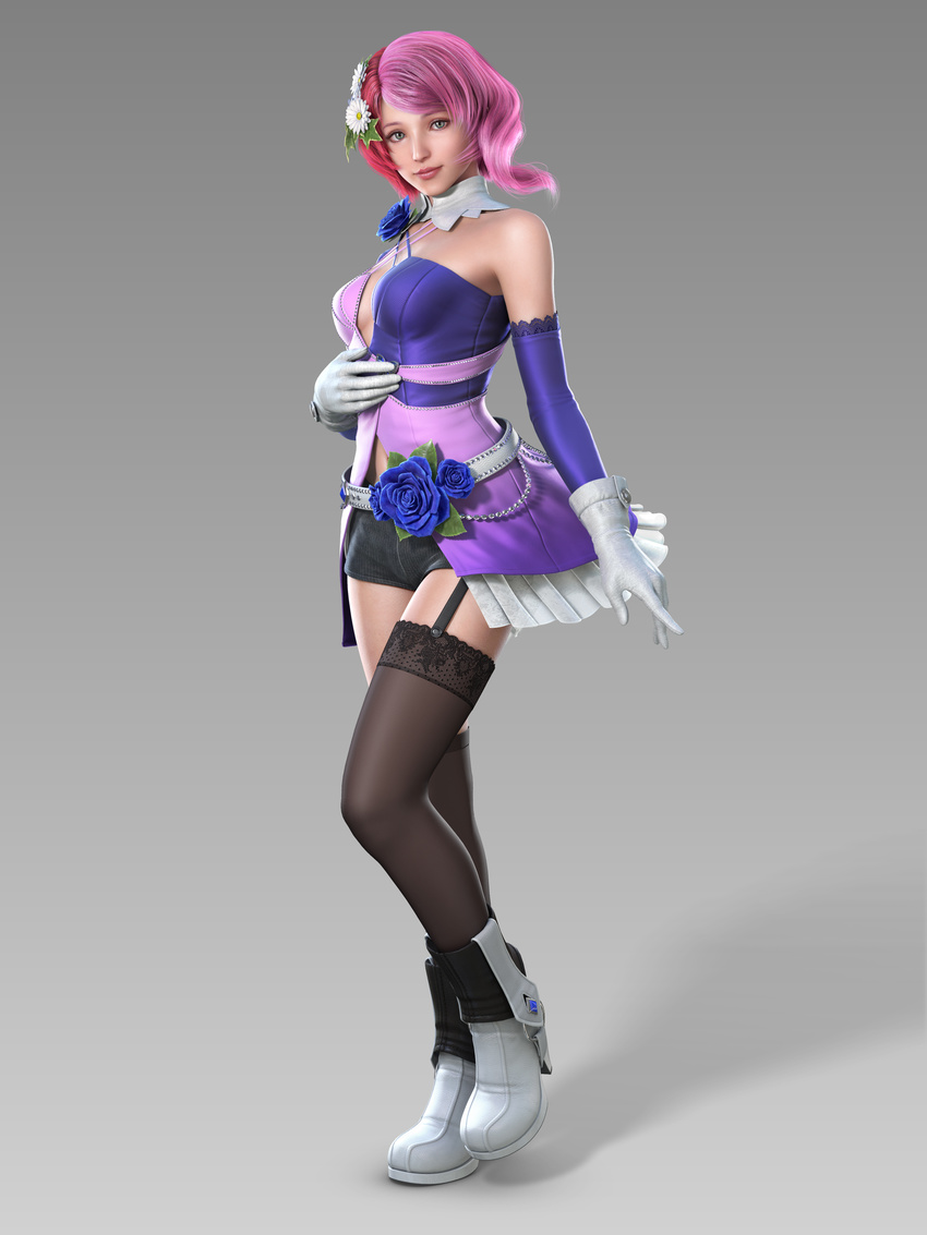 3d absurdres alisa_boskonovich android boots breasts cg elbow_gloves flower garter_belt gloves hair_flower hair_ornament highres legs multicolored_hair namco official_art pink_hair robot short_hair skirt smile stockings tekken tekken_6 tekken_blood_vengeance thighhighs