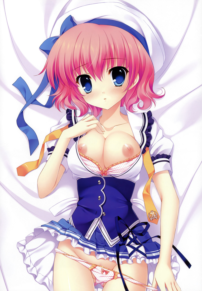 absurdres areolae blue_eyes bow bow_bra bow_panties bra bra_pull breasts corset frills gathers groin hat highres himezono_risa huge_filesize lingerie medium_breasts mitha necktie nipple_slip nipples open_clothes open_shirt panties panty_pull pink_bra pink_hair pink_panties ribbon shirt short_hair solo underwear undressing yuyukana