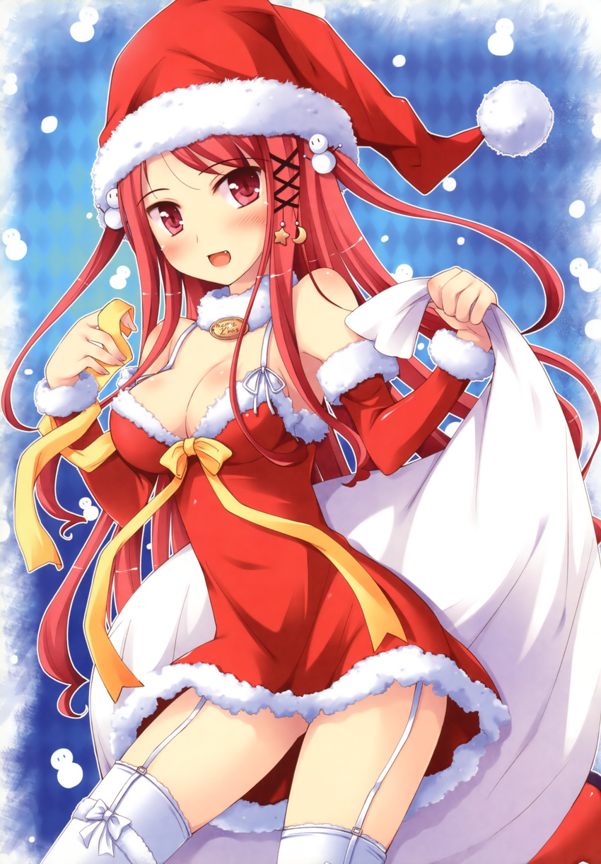 absurdres bag blush body_blush breasts christmas cleavage elbow_gloves fang garter_straps gloves hat highres hinomiya_ayari ko~cha legs medium_breasts open_mouth red_eyes red_hair santa_costume santa_hat snow solo tama_(happiness) thighhighs thighs white_legwear witch's_garden