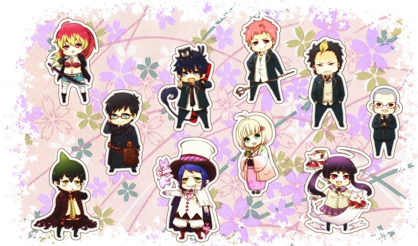 amaimon ao_no_exorcist chibi kamiki_izumo kirigakure_shura kuro_(ao_no_exorcist) megane mephisto_pheles miwa_konekomaru moriyama_shiemi nonomiya_musu okumura_rin okumura_yukio shima_renzou suguro_ryuji yukata