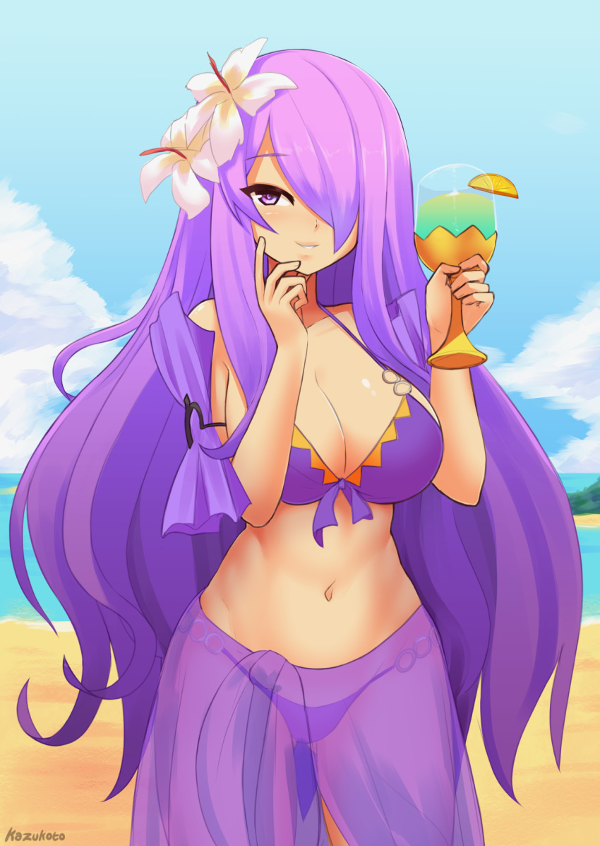 1girl artist_name beach bikini blue_sky breasts camilla_(fire_emblem_if) cleavage cloud cup day drinking_glass fire_emblem fire_emblem_heroes fire_emblem_if flower hair_flower hair_ornament hair_over_one_eye highres holding holding_cup kazu-koto large_breasts long_hair looking_at_viewer navel nintendo outdoors parted_lips purple_bikini purple_eyes purple_hair see-through sky solo standing swimsuit water