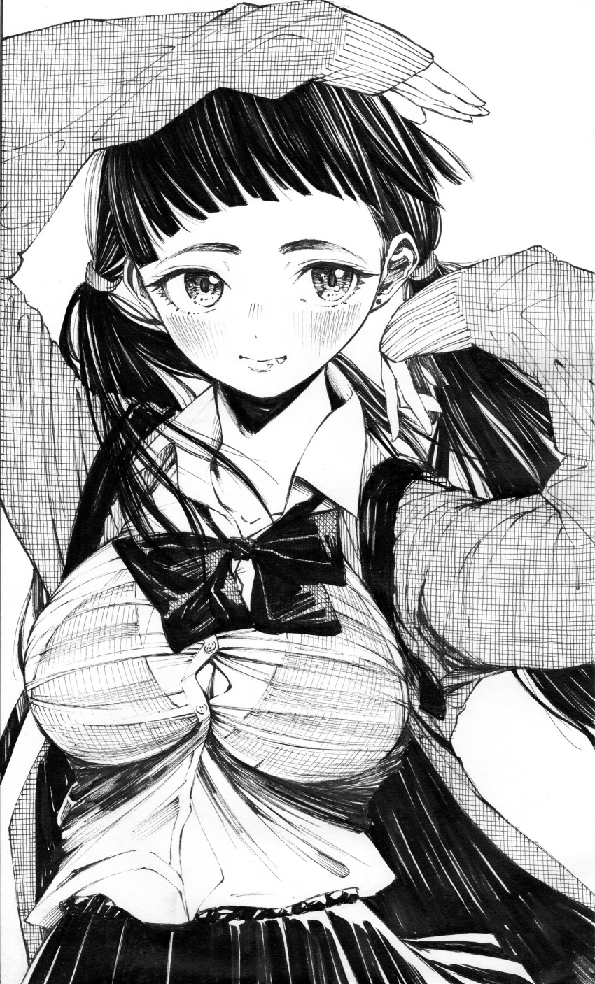 1girl absurdres arms_up blush bow bowtie breasts buttons cleavage closed_mouth collared_shirt commentary_request earrings gagaimo highres jewelry large_breasts long_sleeves looking_to_the_side nose_blush original pleated_skirt school_uniform shirt skirt smile solo twintails uniform
