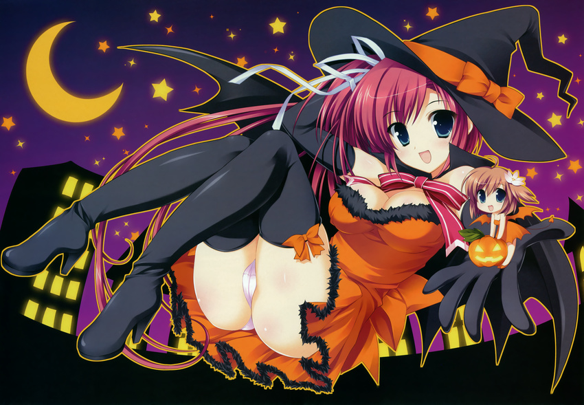 :d absurdres ariko_youichi ass bare_shoulders blue_eyes boots bow breasts brown_hair cleavage crescent_moon flower halloween hat highres huge_filesize long_hair looking_at_viewer lying medium_breasts moon multiple_girls nakahara_akane nakahara_kaede on_back open_mouth panties pantyshot pumpkin red_hair ribbon short_hair smile star thigh_boots thighhighs trouble@spiral! underwear wings witch_hat