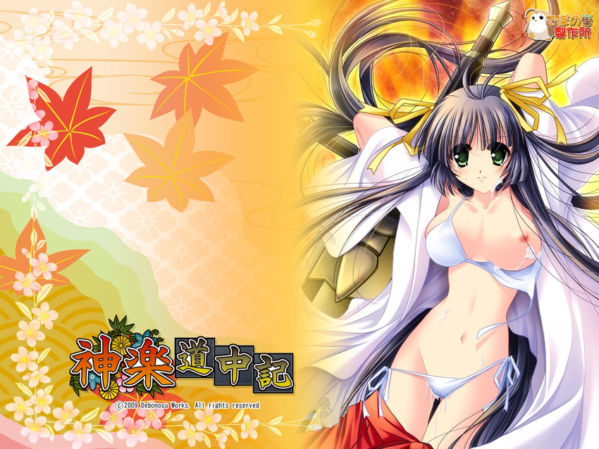 arashiyama_ibuki bikini breasts cum kagura_douchuuki miko nipples open_shirt swimsuits wallpaper wardrobe_malfunction yamamoto_kazue