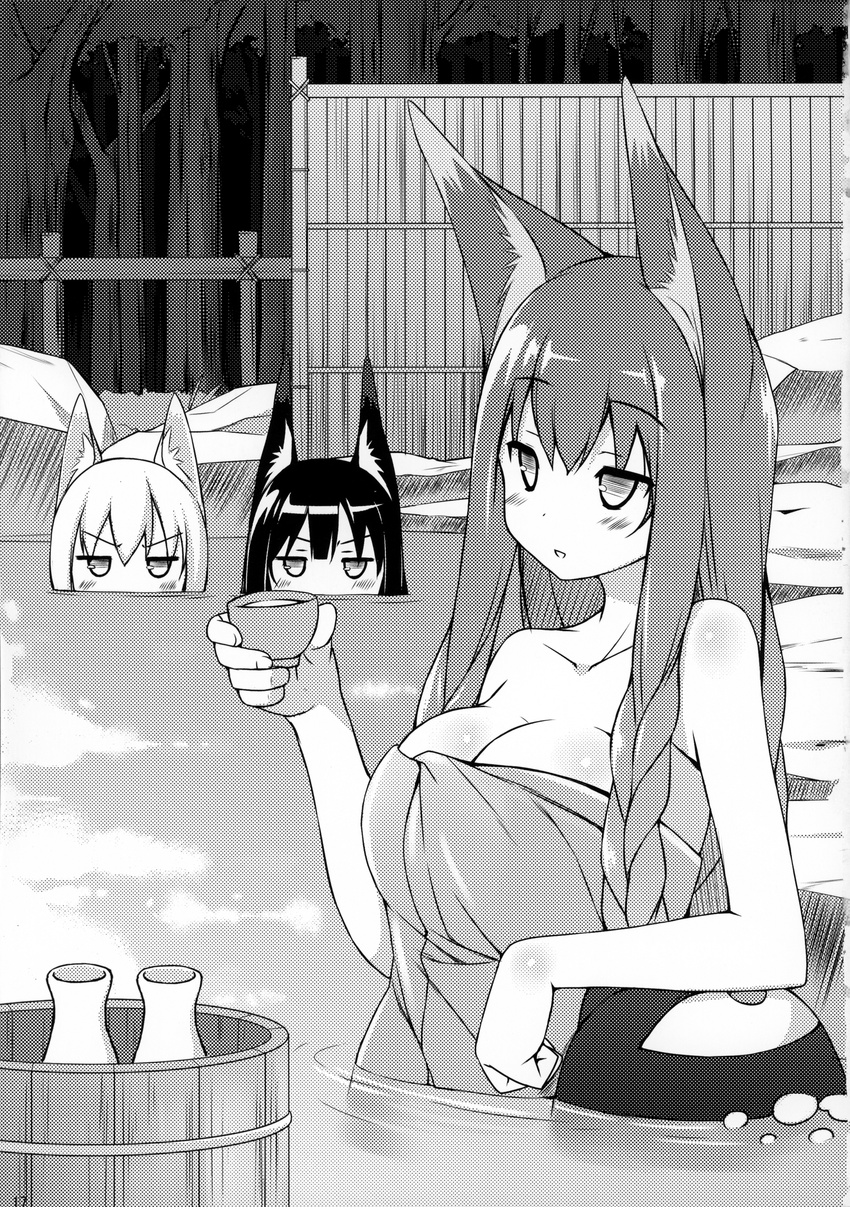 absurdres alcohol animal_ear_fluff animal_ears arm_support bare_shoulders blush body_blush braid breast_envy breasts bubble bucket choko_(cup) cup fox_ears greyscale halftone highres jitome kuroino_(poco) kuromitsu_nene large_breasts long_hair moire momoyama_tsutsune monochrome multiple_girls naked_towel onsen original poco_(asahi_age) sake scan screentones shiratama_kitsune staring tokkuri towel twin_braids water wooden_bucket