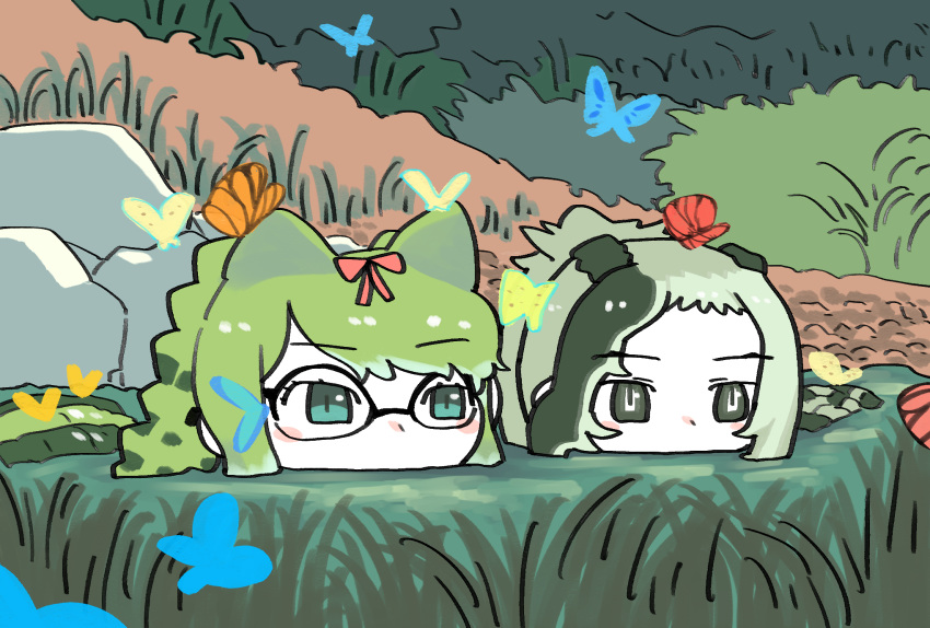 2girls bangs bug butterfly crocodile_tail day eyebrows_visible_through_hair face glasses grass green_eyes green_hair gunzan highres insect kemono_friends long_hair looking_afar multicolored_hair multiple_girls outdoors partially_submerged ponytail saltwater_crocodile_(kemono_friends) slit_pupils spectacled_caiman_(kemono_friends) swamp tail water