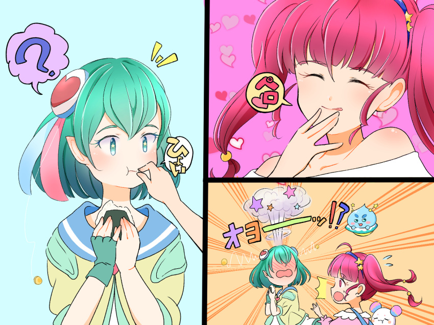 2girls :p ? ahoge antennae blue_eyes blue_hair blush eating eyes_closed fingerless_gloves food food_on_face fuwa_(precure) gloves hagoromo_lala hair_ornament heart heart_background highres holding holding_food hoshina_hikaru long_hair multiple_girls onigiri open_mouth pink_background pink_eyes pink_hair pointy_ears precure prunce_(precure) rice rice_on_face short_hair single_glove speech_bubble spoken_question_mark star star_twinkle_precure surprised tongue tongue_out twintails uokichi_(rururu0906) yuri