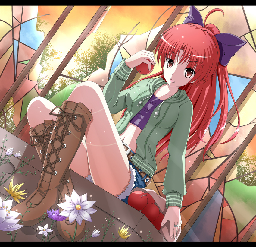 ahoge apple belt boots bow breasts broken_glass cross-laced_footwear cutoffs dutch_angle flower food fruit glass hair_bow highres hood hoodie jewelry lace-up_boots lens_flare letterboxed light_particles mahou_shoujo_madoka_magica medium_breasts midriff ponytail red_eyes red_hair ring sakura_kyouko shorts sitting solo stained_glass sunset wahrheit_9