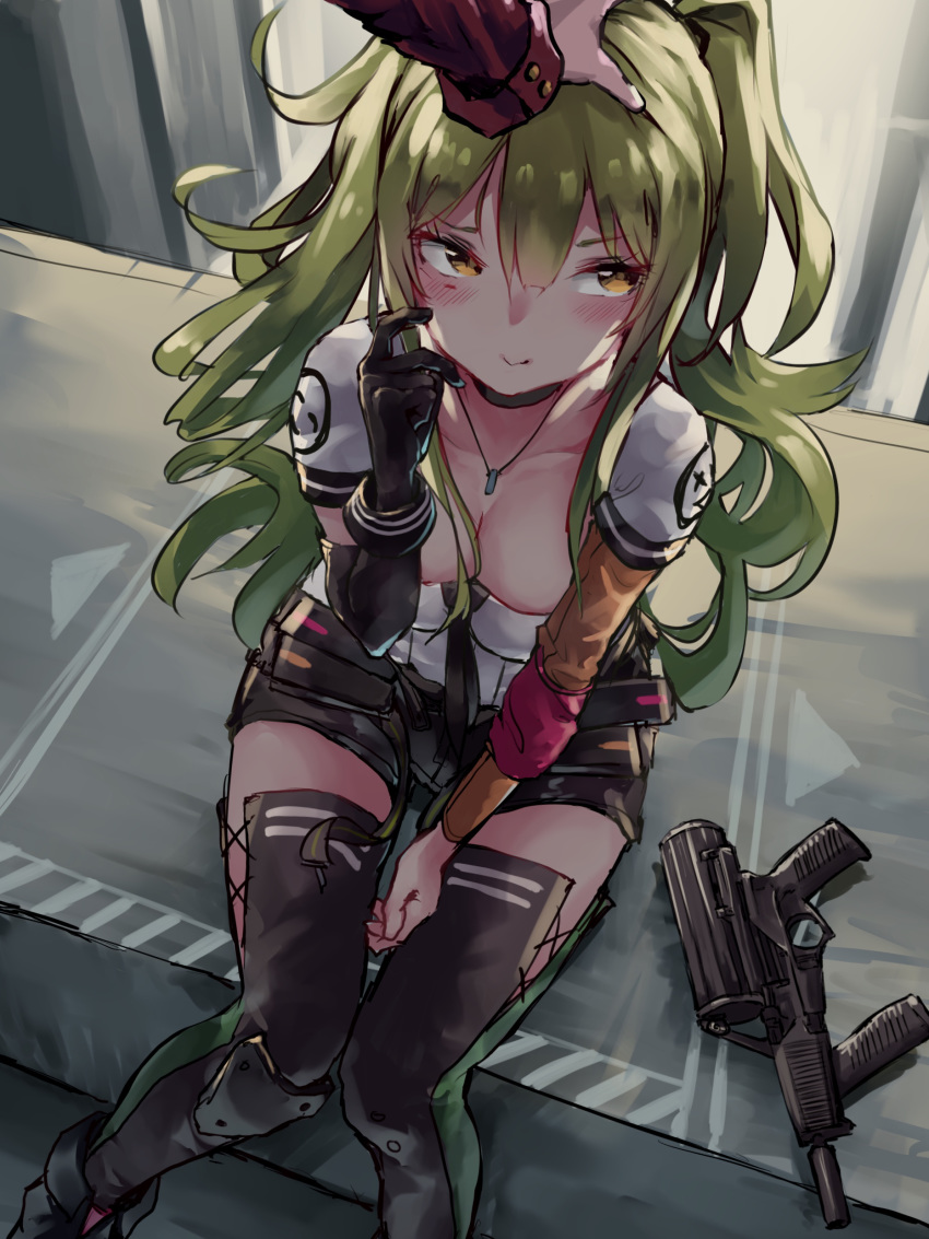 1girl aamond absurdres bangs between_legs black_gloves blush breasts calico_m950 eyebrows_visible_through_hair girls_frontline gloves green_hair gun hair_between_eyes hand_between_legs handgun highres holding long_hair looking_at_viewer m950a_(girls_frontline) medium_breasts messy_hair petting scratching_cheek shirt sidelocks skirt smile submachine_gun thighhighs twintails two_side_up weapon yellow_eyes